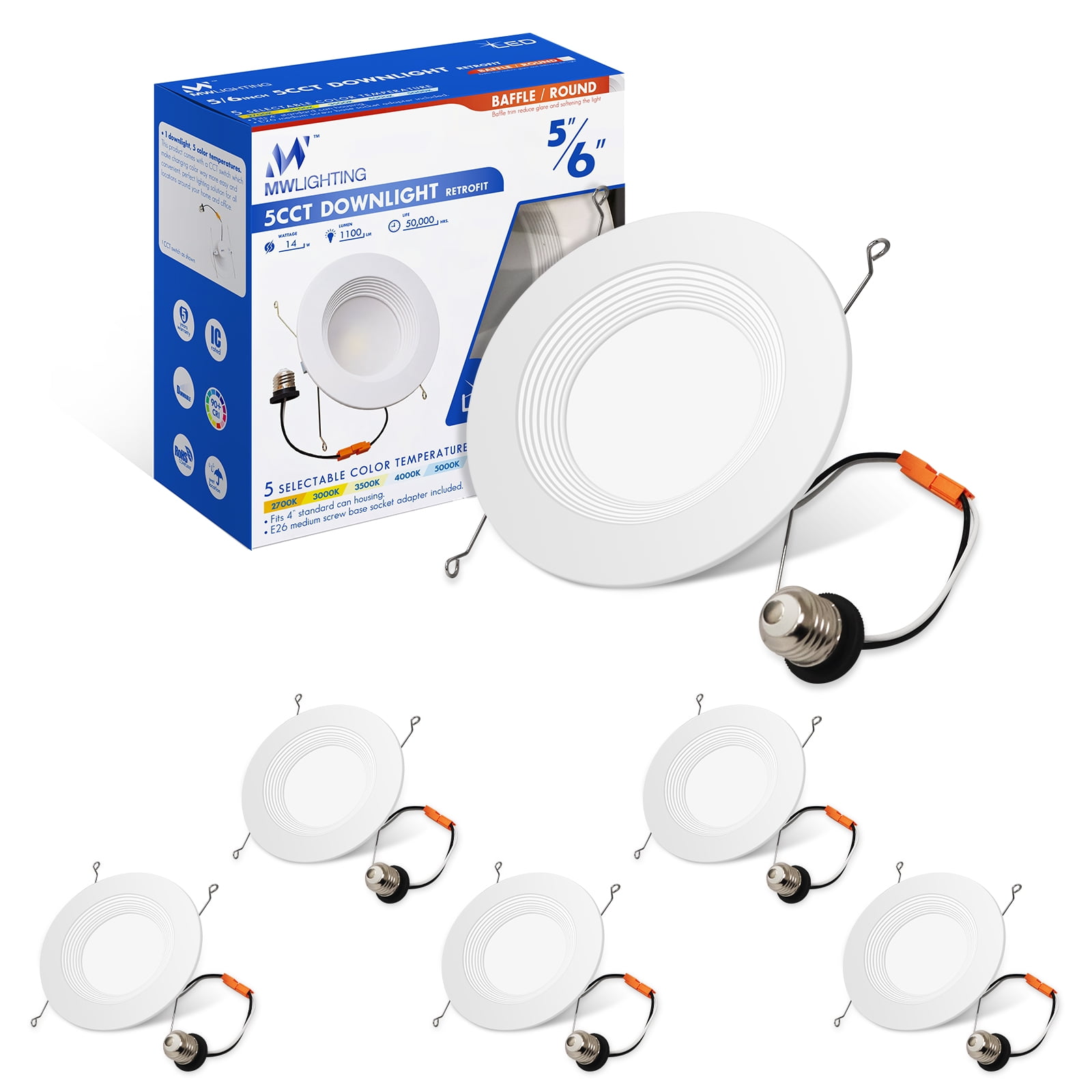 White 6-Inch Selectable LED Baffle Round Downlight Pack