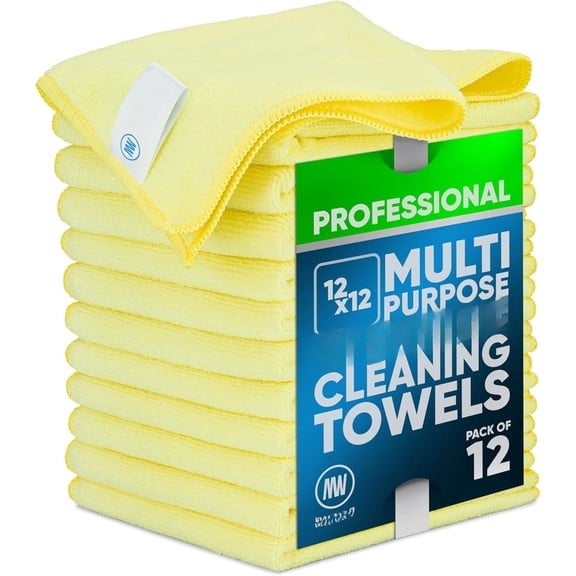 MW PRO Cleaning Cloths Yellow (12 Pack, 12x12) - Commercial Janitorial Towels & Lint Free Rags - Heavy Duty for Auto Detailing, Glass Windows, Housekeeping & Screens - Washable 300+ Times