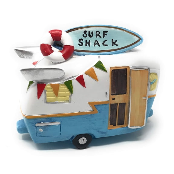 MWD Miniature Fairy Garden Retro Airstream RV Beach Camper Trailer Surf Shack Decor, Mini and Dollhouse Accessories, Surfer Camping Lover Coastal Beach Themed Home Decorations, Resin, 6"