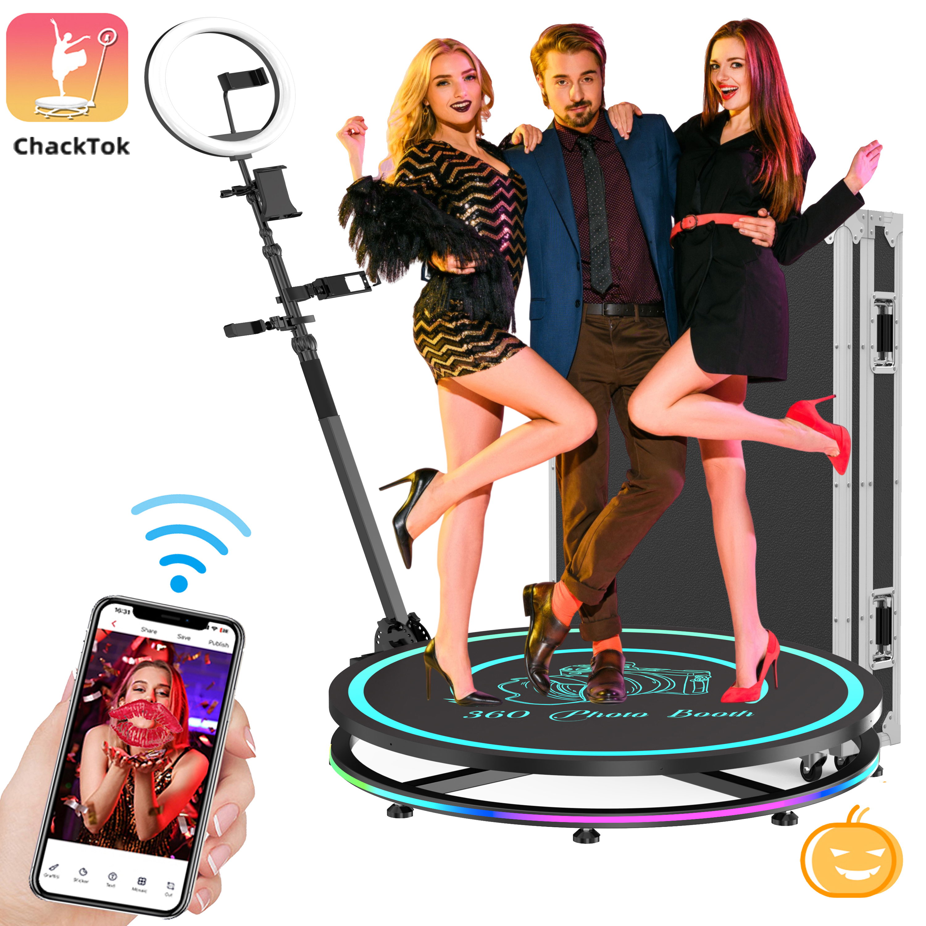 360 Photo Booth Con Flight Case – Rotazione Automatica Con Luce Ad Anello, Supporto Per Smartphone E DSLR, Per 3-4 Persone (80cm)