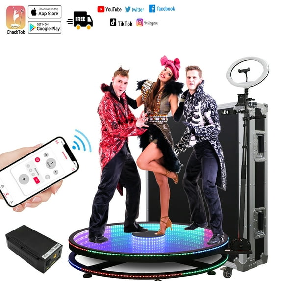 MWE 360 Photo Booth Machine,39.4 Inch Tempered Glass Automatic Rotation, Remote Control/APP Free Battery,Ring Light Power Supply