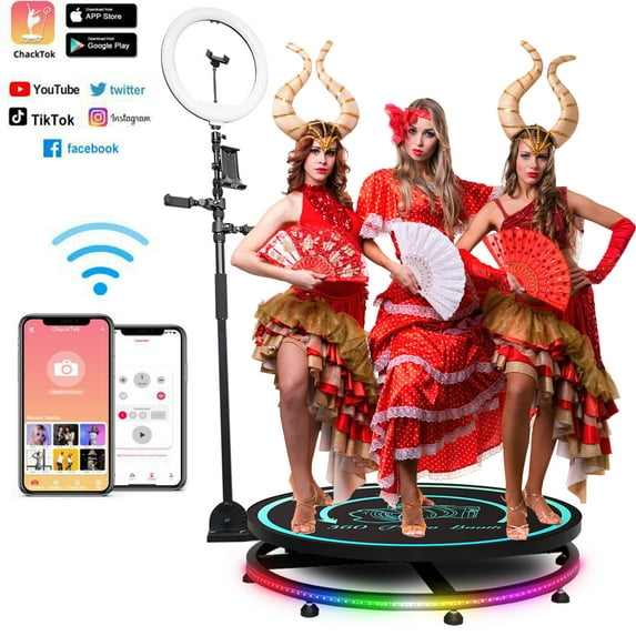 MWE 360 Photo Booth Machine 68cm with Software for Parties with Ring Light,Free Logo Customization,2 People Stand on APP Remote Control Automatic 360 Spin Camera Booth with Trolley(26.8'')