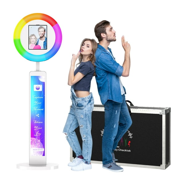 MWE Photo Booth Stand for ipad 12.9'' 10.9'' 10.2'' with Ring Light Software APP and Remote Control, RGB Lights Music Sync, Flight Case,White