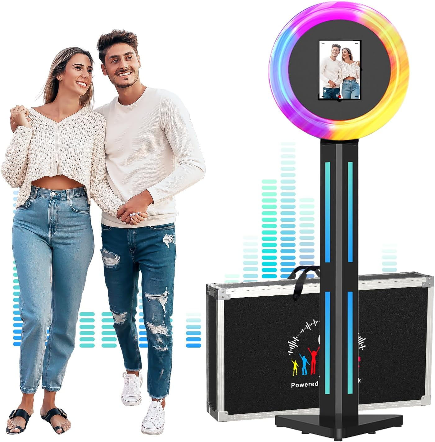 MWE Photo Booth Stand for ipad 12.9'' 10.9'' 10.2'' with Ring Light Software APP and Remote Control, RGB Lights Music Sync, Flight Case,White