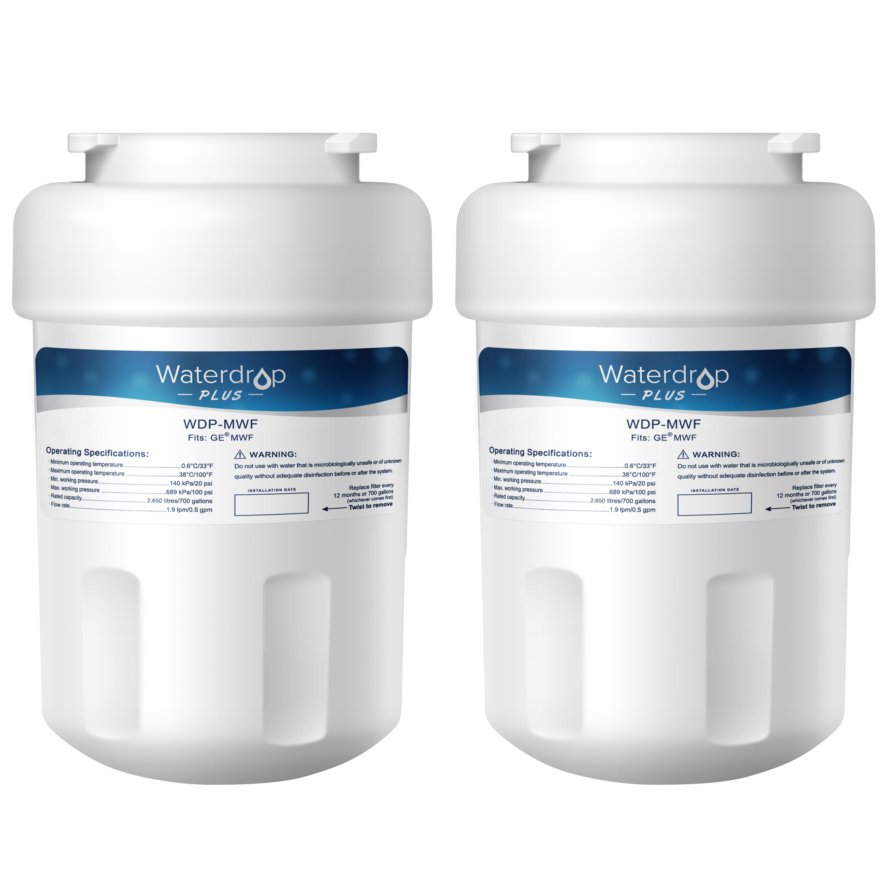 Waterdrop NSF 401&53&42 Certified MWF Replacement Refrigerator Water Filter, Fits for GE MWF, MWFP, MWFA, GWF, GWFA, SmartWater, Kenmore 9991, 46-9991, 469991, 2 Pack