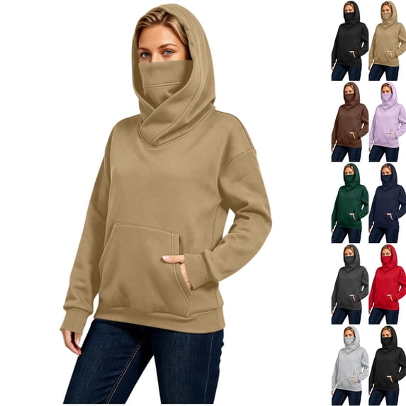 Women Funnel Neck Hooded Sweatshirt, Loose Fit Long Sleeve Pullover Hoodie with Kangaroo Pocket, Casual Warm Fall Winter Top Khaki XXL