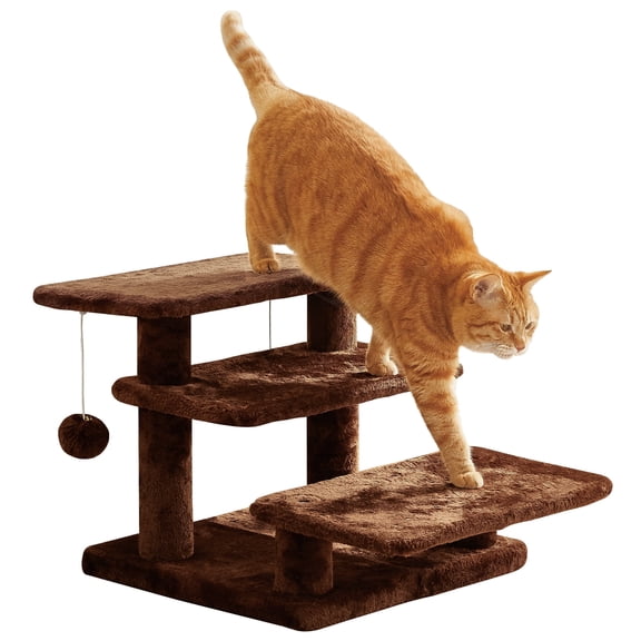 MWPO 15''H Multi-Step Pet Stairs for High Beds & Sofas, 3-Step Cat Stairs with 2 Toy Balls, Brown