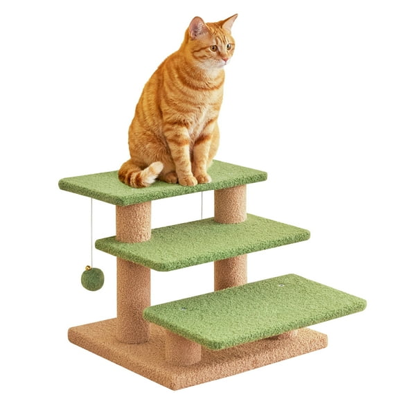 MWPO 15''H Multi-Step Pet Stairs for High Beds & Sofas, 3-Step Cat Stairs with 2 Toy Balls, Green