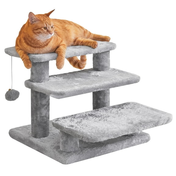MWPO 15''H Multi-Step Pet Stairs for High Beds & Sofas, 3-Step Cat Stairs with 2 Toy Balls, Light Grey