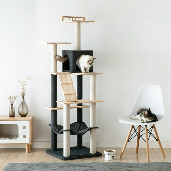 MWPO 63.8'' Wooden Cat Tree Modern Cat Tower with Scratching Post and Condo,Dark Gray
