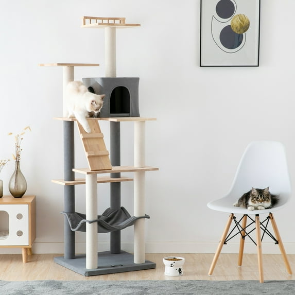 MWPO 63.8'' Wooden Cat Tree Modern Cat Tower with Scratching Post and Condo,Light Gray