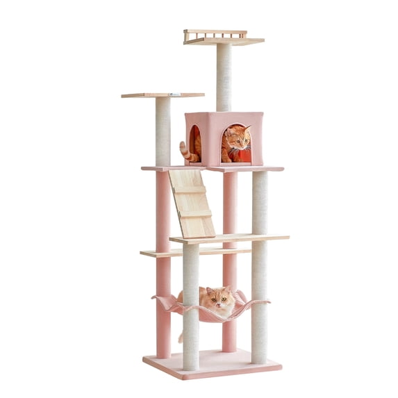 MWPO 63.8'' Wooden Cat Tree Modern Cat Tower with Scratching Post and Condo, Pink