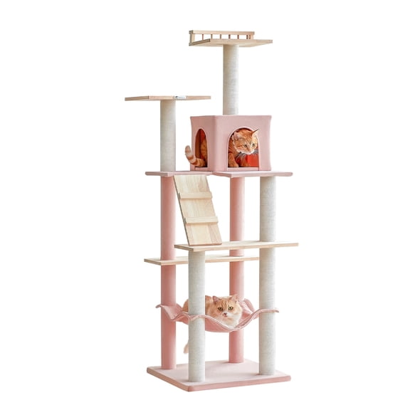 MWPO 63.8'' Wooden Cat Tree Modern Cat Tower with Scratching Post and Condo, Pink