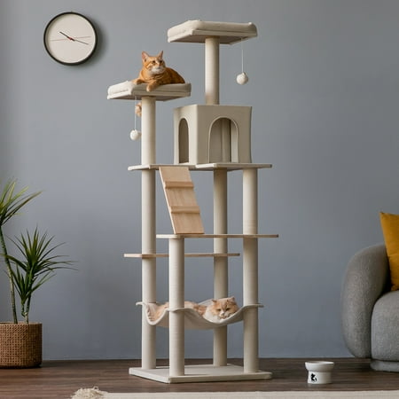 MWPO 69-in Wood Cat Tree Modern Cat Tower with Condo, Hammock and Scratching Posts, Beige