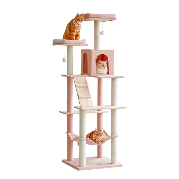 MWPO 69-in Wood Cat Tree Modern Cat Tower with Condo, Hammock and Scratching Posts, Pink
