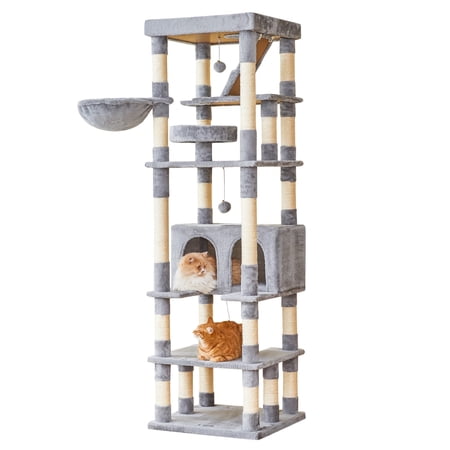 MWPO 74.8-in Extra Large Cat Tree with Double Condo and Scratching Post Tower,Light Gray
