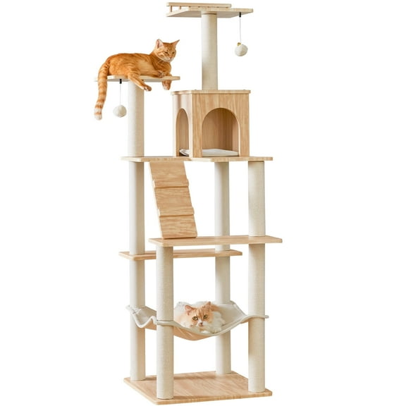 MWPO Large Modern Cat Tree - 70 inch Tall Cat Tower for Indoor Cats, Multi-Level Cat Condo with 7 Fully Wrapped Scratching Posts,Spacious Perches, Hammock, Removable Pad & Dangling Balls-Light Brown