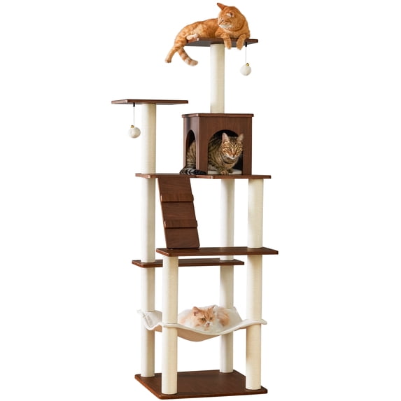 MWPO Large Modern Cat Tree - 70 inch Tall Cat Tower for Indoor Cats, Multi-Level Cat Condo with 7 Fully Wrapped Scratching Posts,Spacious Perches, Hammock, Removable Pad & Dangling Balls-Walnut Brown