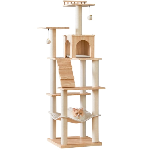 MWPO Modern Cat Tree - 64 inch Cat Tower for Indoor Cats, Multi-Level Cat Condo with 7 Fully Wrapped Scratching Posts, 2 Perches, Hammock, Removable Pad & Dangling Balls-Light Brown