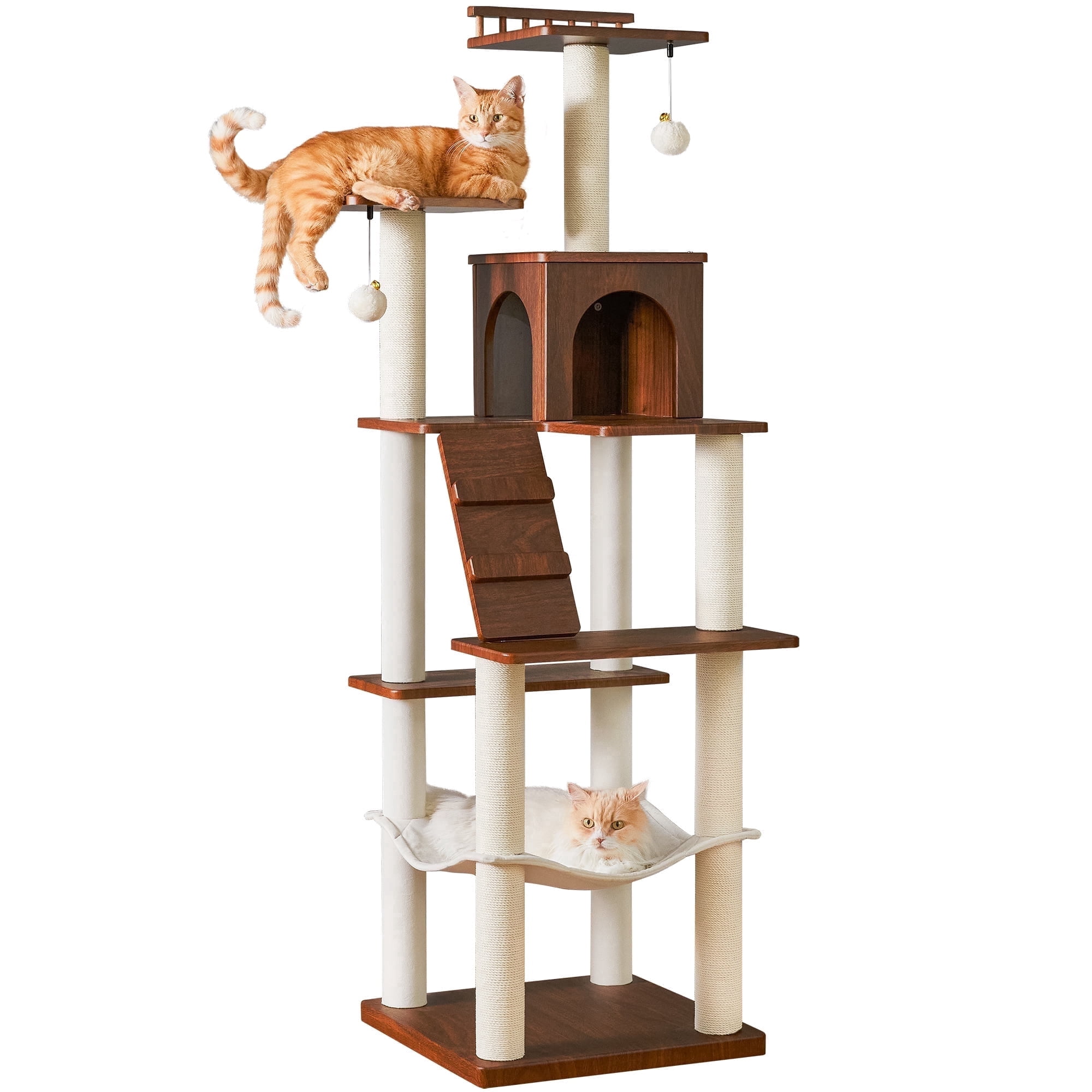 MWPO Modern Cat Tree - 64 inch Cat Tower for Indoor Cats, Multi-Level Cat Condo with 7 Fully Wrapped Scratching Posts, 2 Perches, Hammock, Removable Pad & Dangling Balls-Walnut Brown