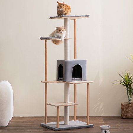 MWPO Modern Cat Tree Wood Cat Tower with Condo, Cushions and Scratching Post, Light Gray, 63’’