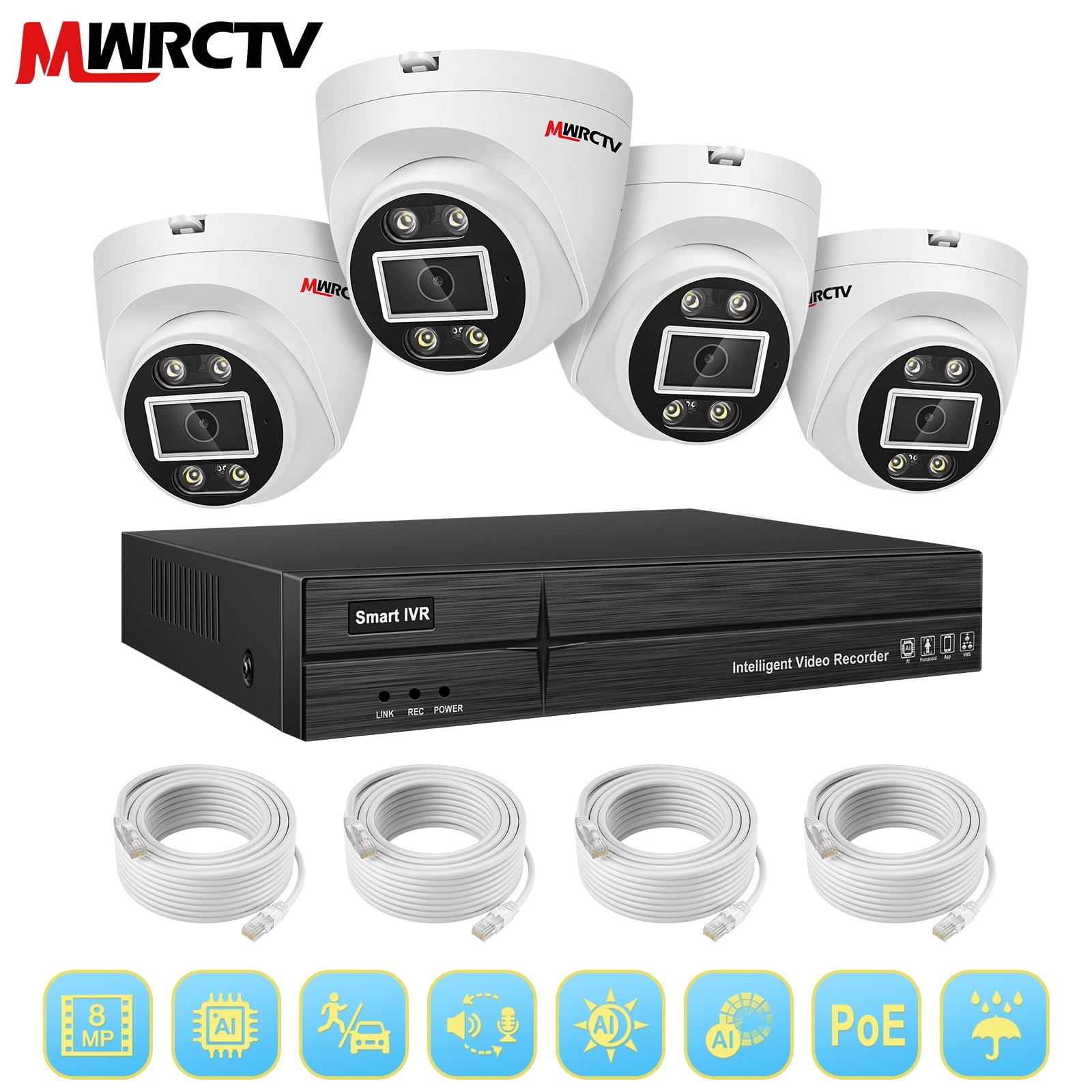 MWRCTV 4K Security Camera System,4 x 8MP Wired Dome IP PoE Cameras for Home Security,110°Wide Angle Lens,2-Way Audio,Smart Dual Light,Human Vehicle Detection,8 Port 16CH 4K NVR,24/7 Recording(NO HDD)