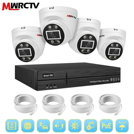 MWRCTV 4K Security Camera System,4 x 8MP Wired Dome IP PoE Cameras for Home Security,110°Wide Angle Lens,2-Way Audio,Smart Dual Light,Human Vehicle Detection,8 Port 16CH 4K NVR,24/7 Recording(NO HDD)