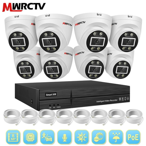 MWRCTV 4K Security Camera System,8 x 8MP Wired Dome IP PoE Cameras for Home Security,110Wide Angle Lens,2-Way Audio,Smart Dual Light,Human Vehicle Detection,8 Port 16CH 4K NVR,24/7 Recording(NO HDD)