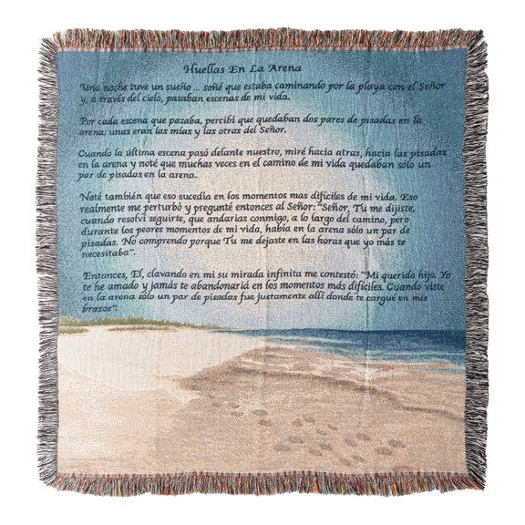 MWW Cotton Tapestry Throw - Footprints in The Sand, Spanish, 50X60, Blue, White, Tan