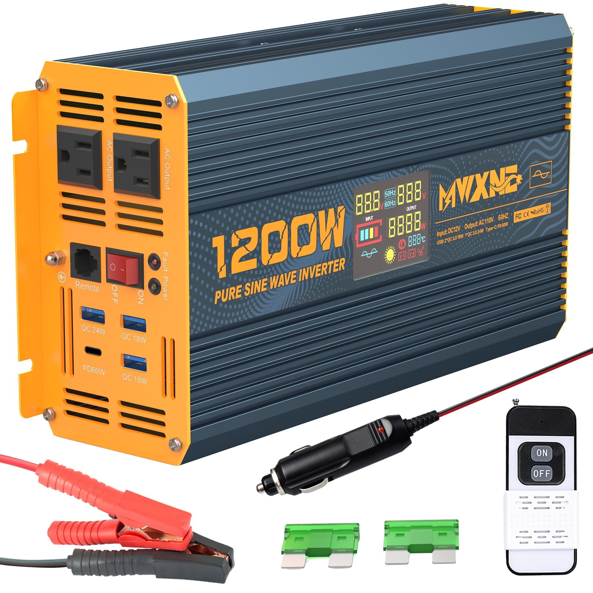 MWXNE 1200 Watt Pure Sine Wave Power Inverter DC 12V to 110V AC Converter with Dual AC Outlets, PD60W/QC3.0 Fast Charging USB Ports, Car Solar Inverter with LCD Display for Home RV Truck C88