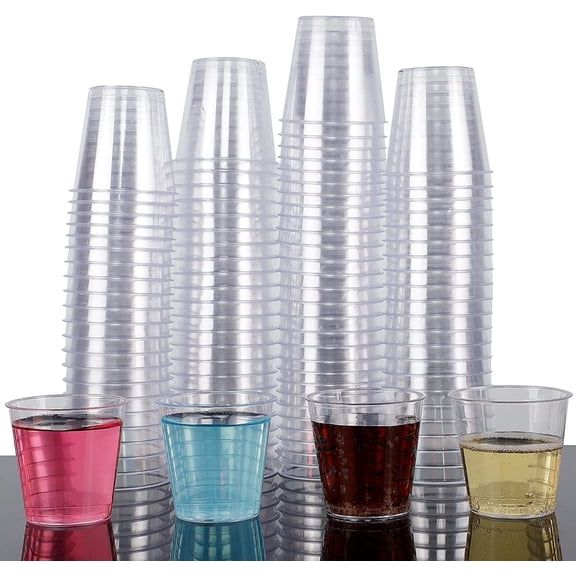 MWYXX 100 Shot Glasses, 1oz Clear Plastic Disposable Hard Cups, Mini Cups Great Container for Sauce, Sample Tasting, Jello Shots, Pudding