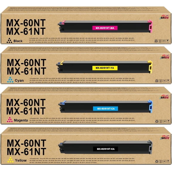 MX-61NT MX61NT MX-60NT MX60NT Toner Cartridge Compatible for Sharp MX-2651  MX-3051 MX-3071 MX-3551 MX-3571 MX-4051 MX-4071 Printers ( 4-Pack,Black Yellow Cyan Magenta)