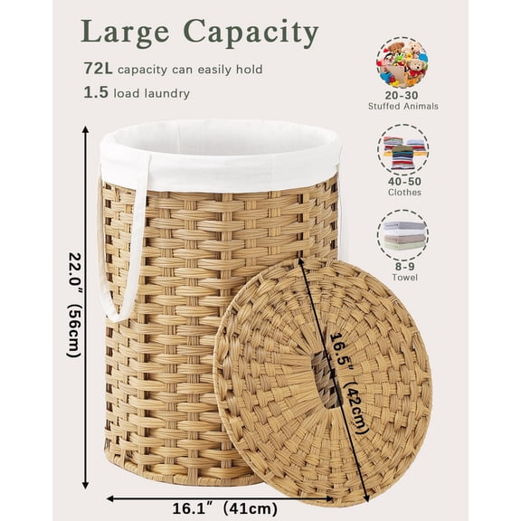 MX-Laundry Hamper with Lid Laundry Basket with Lid 19.0 Gal (72 L) Round Wicker Laundry Basket Handwoven Rattan Hamper Removable Bag 2 Mesh Bags Handles for Living Room Bathroom Natural