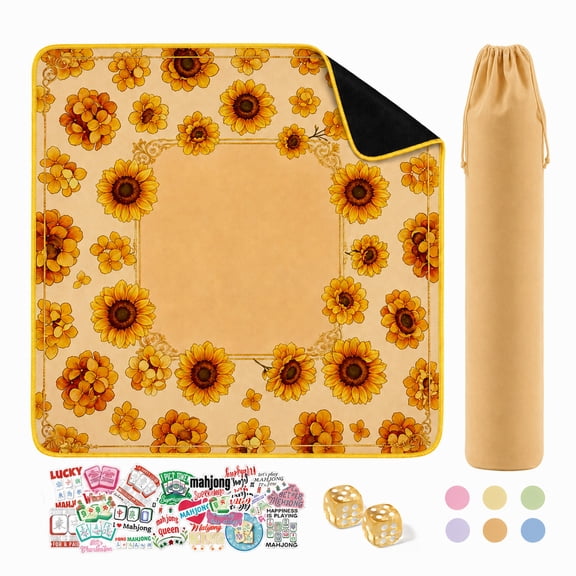 MQHOOB 32×32 Inch Orange Sunflower Diatomaceous Earth Mahjong Mat, Non-Slip Table Cover with Storage Bag, Dice & Stickers