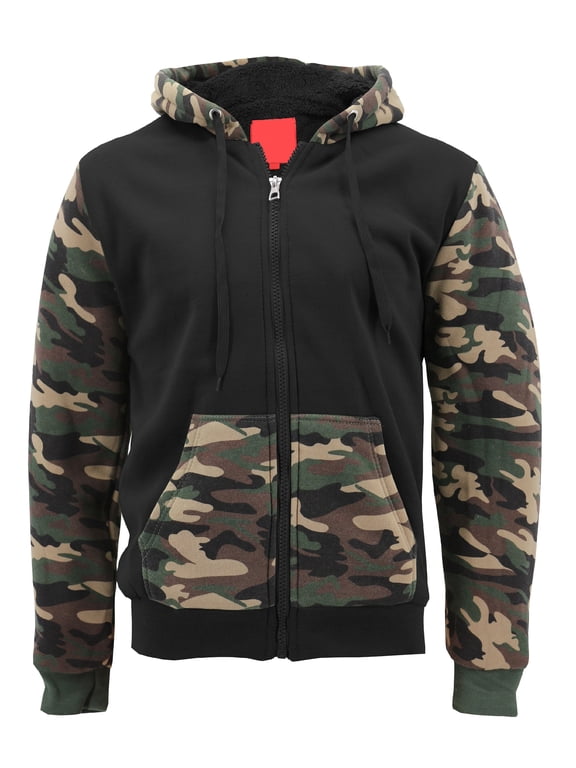 Men's Army Camo Zip Up Sherpa Hoodie Fleece Hunting Sweater Jacket (Black/Camo, L)