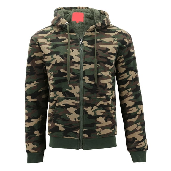 MX USA Men's Army Camo Zip Up Sherpa Hoodie Fleece Hunting Sweater Jacket (Full Camo, L)