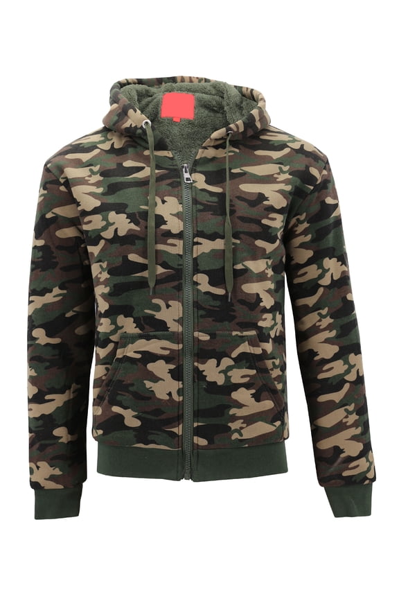 Men's Army Camo Zip Up Sherpa Hoodie Fleece Hunting Sweater Jacket (Full Camo, L)