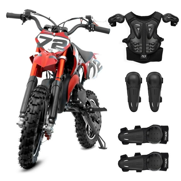 MX Moto 49CC Kids Dirt Bike, 2-Stroke Gas Powered off Road Motorcycle, Tire Shock Absorber Spring Soft Seat Cushion with F & R Disc Brake, Max Speed 24 mph, with Armor