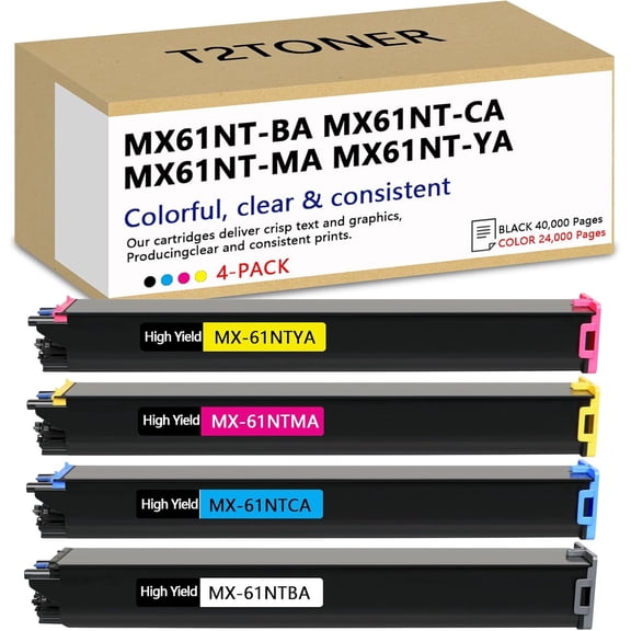 MX61NT MX-61NT Toner Cartridge Compatible for Sharp MX3071 MX3070 MX3070V MX2651 MX3050 MX3051 MX4071 MX6070 MX6071 MX3571S MX2630 Printer, MX-61NTBA MX-61NTCA MX-61NTMA MX-61NTYA, 4 Pack