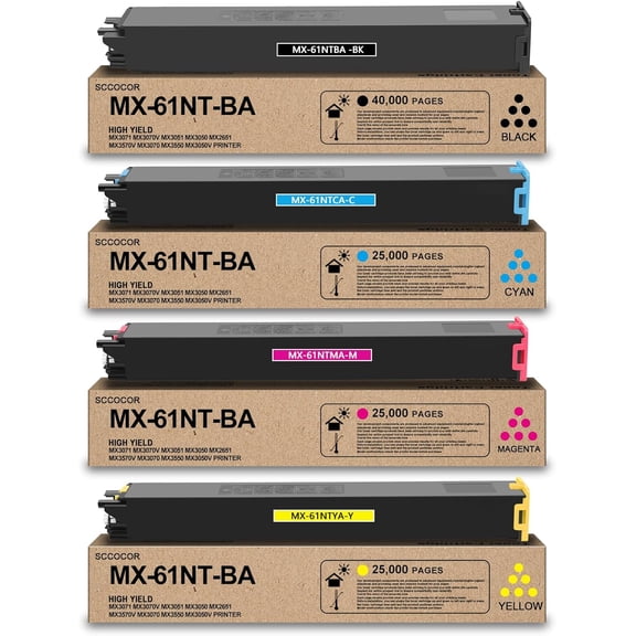 MX61NT MX-61NT Toner Cartridge High Yield Replacement for Sharp MX-61NT MX-61NTBA MX-61NTCA MX-61NTMA MX-61NTYA for MX2651 MX3051 MX3061 MX3050 MX3070 MX5070 MX3071 MX3551 MX3561 MX3571