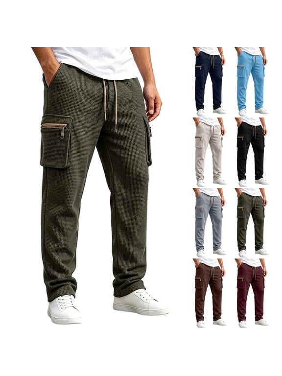 Cargo Pants for Men Waffle Knit Drawstring Waist Casual Pant Solid Color Workout Running Trousers with Zipper Pockets
