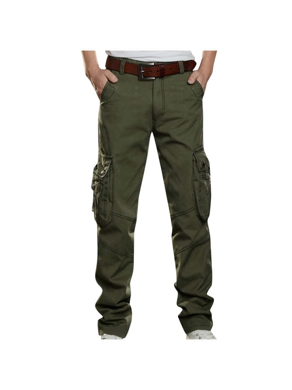 Fleece Lined Pants for Men Straight Leg Warm Cargo Pant with Multi Pockets Solid Color Utility Winter Trousers Outdoor Daily Wear