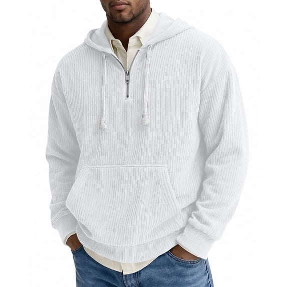 MXALUOB Hooded Sweatshirts for Men Corduroy Textured Quarter Zip Pullover Hoodie Drawstring Solid Color Tops Loose Fit Streetwear