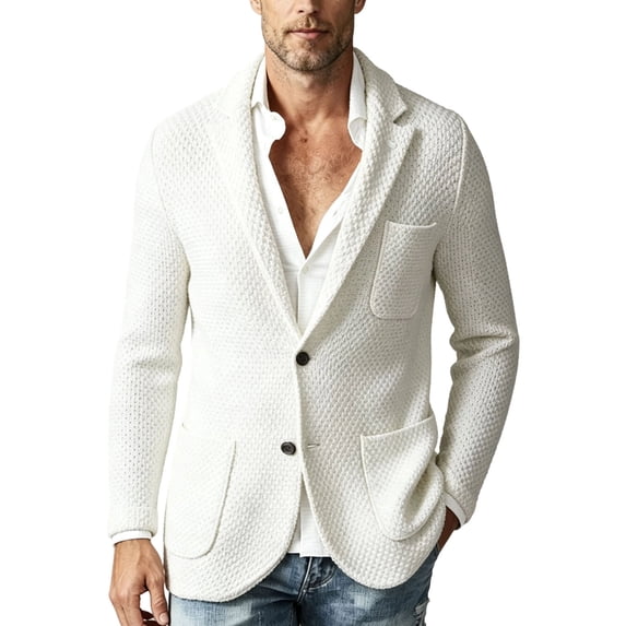 MXALUOB Men's Blazers Textured Knit Sport Coats with Two Button Notch Lapel Patch Multi-Pockets Casual Suit Jacket Solid Color Warm Blazer