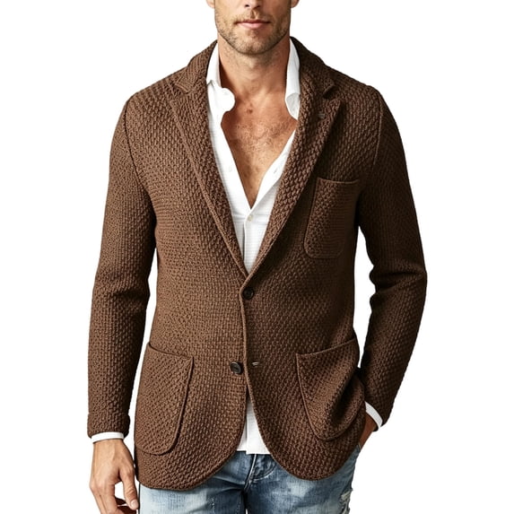 MXALUOB Men's Blazers Textured Knit Sport Coats with Two Button Notch Lapel Patch Multi-Pockets Casual Suit Jacket Solid Color Warm Blazer