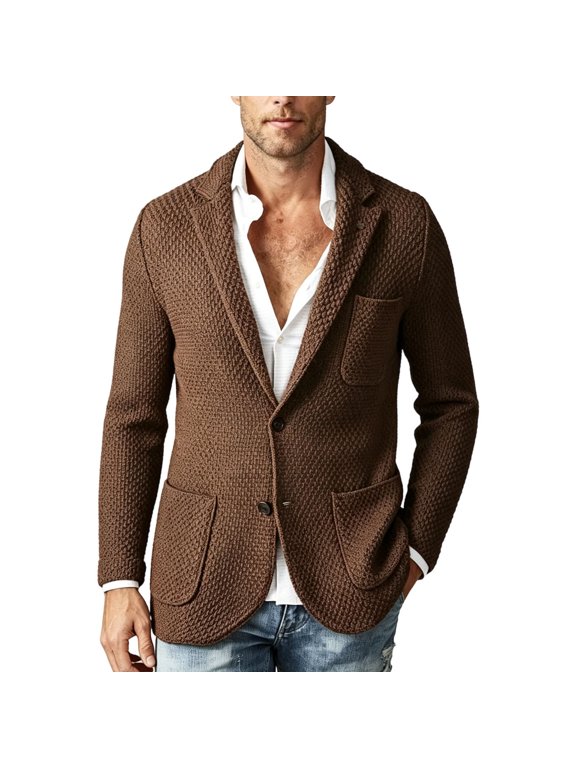 Men's Blazers Textured Knit Sport Coats with Two Button Notch Lapel Patch Multi-Pockets Casual Suit Jacket Solid Color Warm Blazer