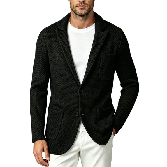 MXALUOB Men's Blazers Textured Knit Sport Coats with Two Button Notch Lapel Patch Multi-Pockets Casual Suit Jacket Solid Color Warm Blazer