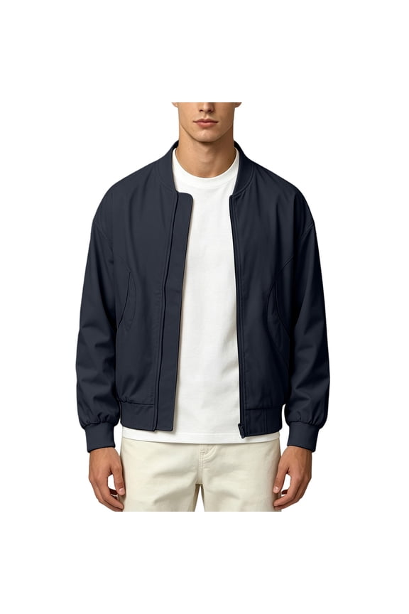 Men's Bomber Jacket Lightweight Full Zip Ribbed Baseball Collar Trendy Outerwear Solid Flight Windbreaker Casual Zip Jacket
