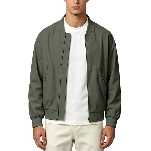 MXALUOB Men's Bomber Jacket Lightweight Full Zip Ribbed Baseball Collar Trendy Outerwear Solid Flight Windbreaker Casual Zip Jacket