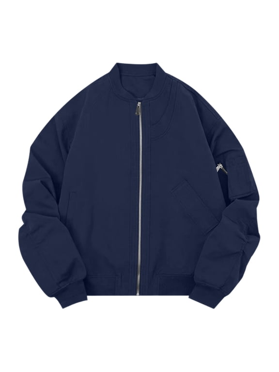 Men's Bomber Jacket Lightweight Full Zip Utility Flight Jackets with Pocket Ribbed Cuffs Baseball Collar Solid Casual Tops